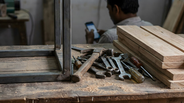 Metal frame and carpentry tools on workbench in workshop with man using phone.