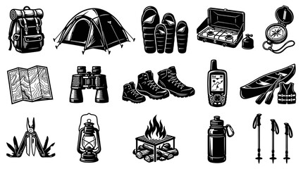 Obraz premium Outdoor Adventure Camping Gear Icons Set - Vintage Black and White Engraving Line Art