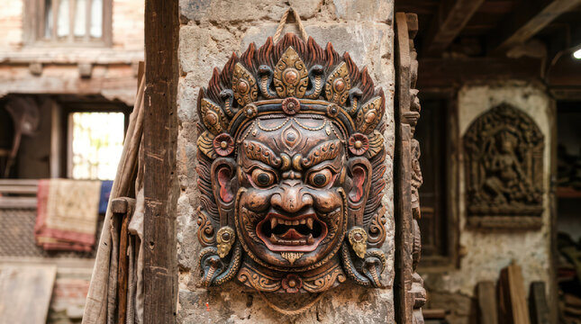 Intricate ancient stone carving of a fierce deity face.