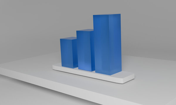 Blue bar chart graph data growth statistic business finance presentation with ascending column on gray platform