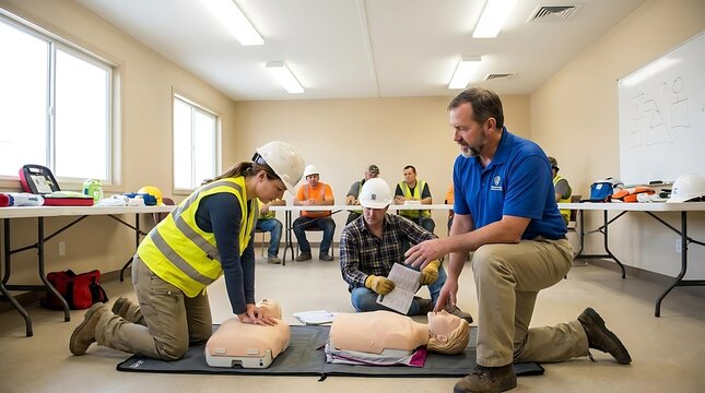 Emergency preparedness training session with cpr practice dummies