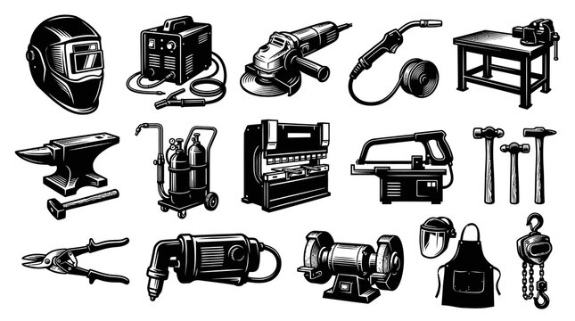 Metalworking and Welding Tools Set in Vintage Black and White Engraving Style Line Art