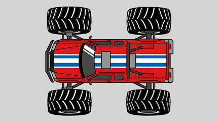 Flat Vector Illustration of a Red Monster Truck with Blue and White Stripes, Top Down View on Gray Background, Clean Graphic Design © Faisal