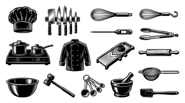 Chef Kitchen Tools and Cooking Utensils Engraved Vintage Black and White Line Art Vector Set