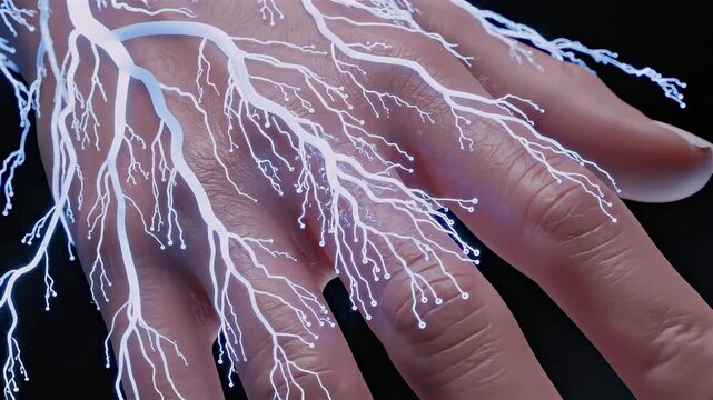 human hand resting in dark space as fine nerve pathways branch outward like precise wiring, visualizing sensory transmission, control, and the complexity of the peripheral nervous system
