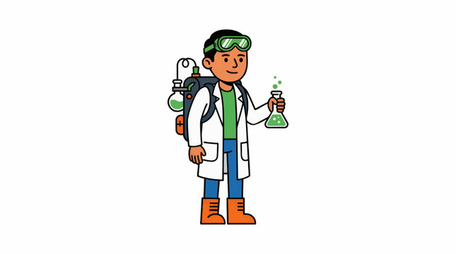 Flat Vector Cartoon Scientist Adventurer Character with Backpack and Flask, Wearing Lab Coat and Goggles, Holding Chemical Beaker with Bubbles, White Background