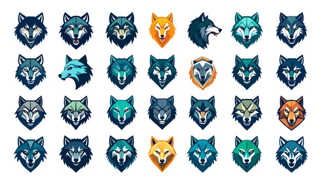 Angular Geometric Wolf Head Shield Crest Icon Set with Blue Tribal Predator Animal Badges for Gaming Team Mascot Identity Branding Logos