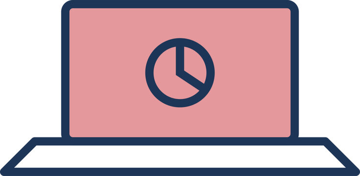 Minimalist flat icon of a laptop computer displaying a pie chart on pink screen illustration