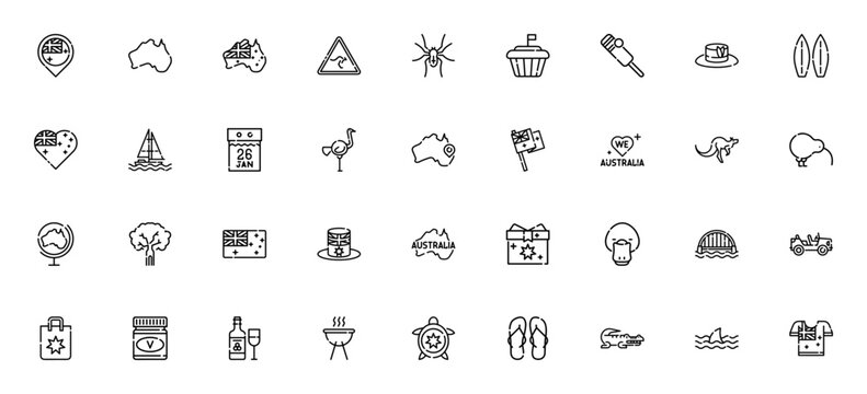Australia icon set. Australian themed vector icons pack. Minimal line art. Featuring kangaroo, platypus, vegemite, barbecue, surfboard, cricket, meat pie, flip flops and more.