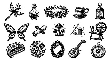 Obraz premium Enchanting Gothic Whimsical Tattoo Design Elements Black and White Line Art