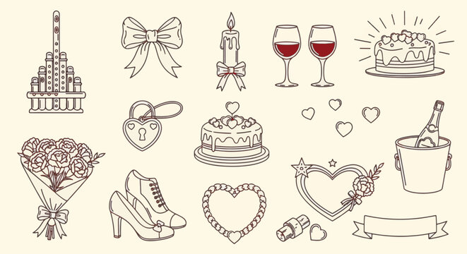 Vector line art illustration set featuring prom and wedding celebration elements including hearts, cakes, champagne, wine glasses, flowers, high heels, and romantic decor icons.