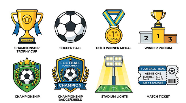 Soccer players compete for gold medal on winner podium with trophy and football