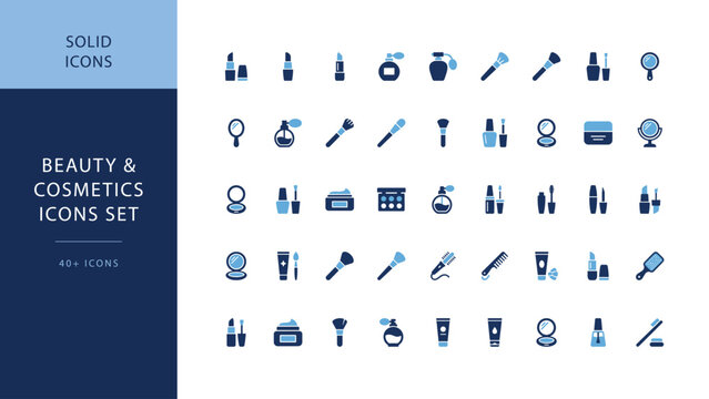 Beauty and cosmetics flat solid vector icon set featuring lipstick, perfume, cream jar and makeup tools for skincare branding and salon ecommerce design