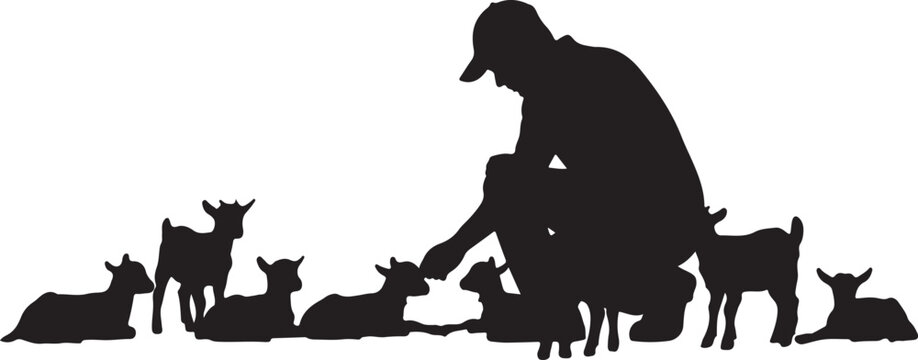 Man feeding goats silhouette black white