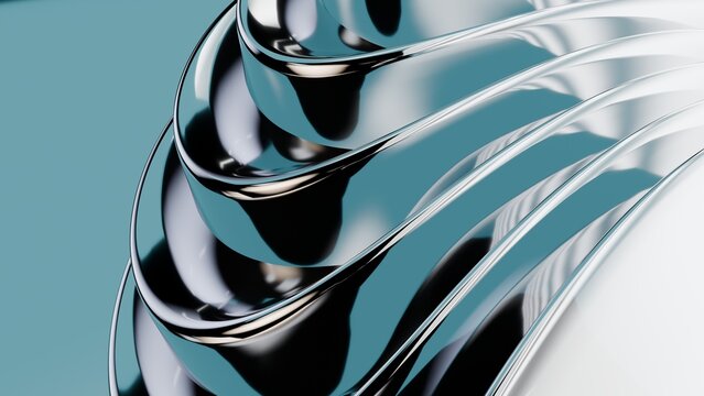 Abstract wavy curved 3d render.Blue layers of glass with lines, folds, ruffles. Modern wallpaper, texture pattern.