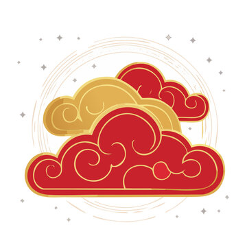 Red and gold clouds with stars and moon illustration