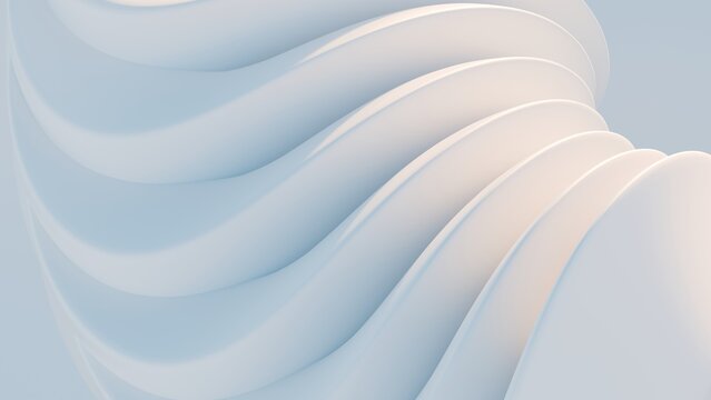 Abstract wavy curved 3d render. White layers of plastic with lines, folds, ruffles. Modern wallpaper, texture pattern.