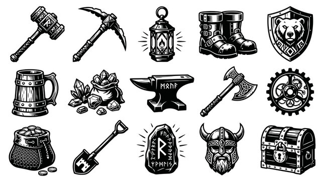 Vintage Black  White Line Art Icons: Fantasy RPG, Medieval Adventure, Mining, Crafting, Viking Elements Set