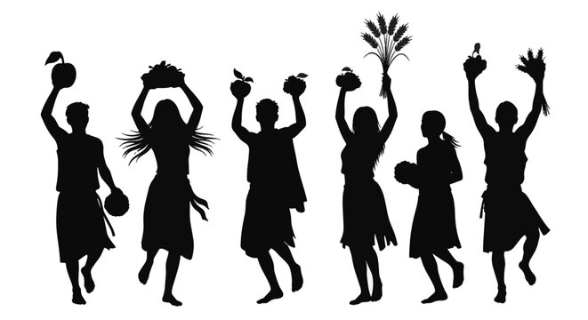 Silhouette illustration of ancient tribal people celebrating a bountiful harvest, dancing and holding grain, wheat stalks, and fruits like apples and berries on white.