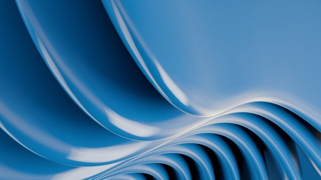 Abstract wavy curved 3d render. Blue layers of plastic with lines, folds, ruffles. Modern wallpaper, texture pattern.