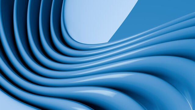 Abstract wavy curved 3d render. Blue layers of plastic with lines, folds, ruffles. Modern wallpaper, texture pattern.