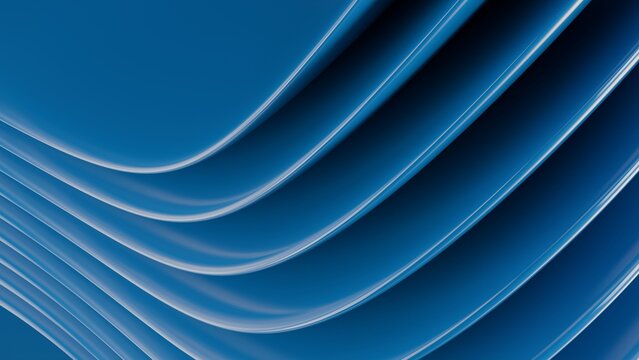 Abstract wavy curved 3d render. Blue layers of plastic with lines, folds, ruffles. Modern wallpaper, texture pattern.