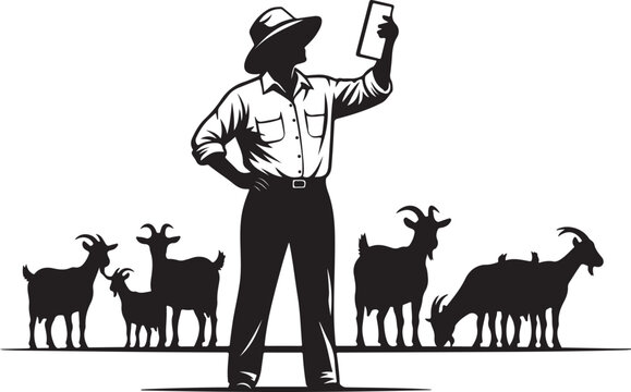 Man in hat holds tablet with goats behind silhouette 