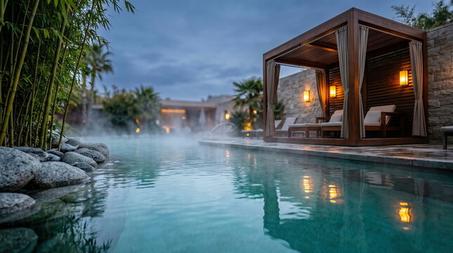 Wellness retreat pool, steaming water and elegant wooden cabana in evening outdoor luxury spa, peaceful relaxation ambiance.