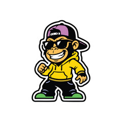 Naklejka premium Smiling Cartoon Monkey Character Walking in Bright Yellow Outfit and Cap