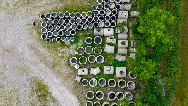 Aerial view showing concrete drain pipes construction industry
