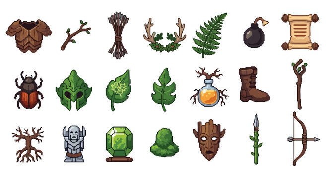 A collection of twenty-one pixel-art fantasy item icons featuring forest-themed gear, weapons, plants, and magical artifacts on a white background.