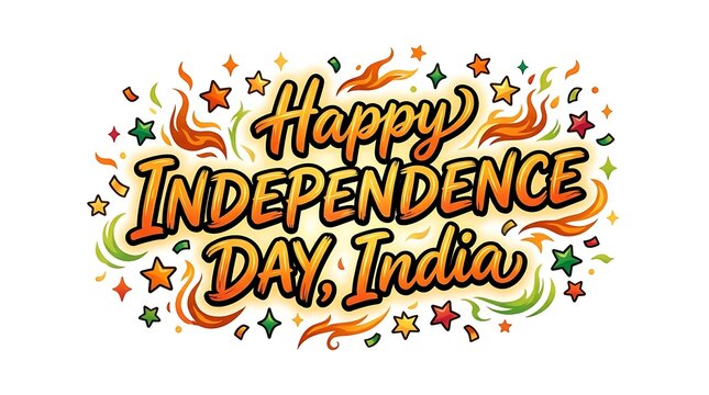 Happy independence day india with colorful stars and swirls isolated on white background