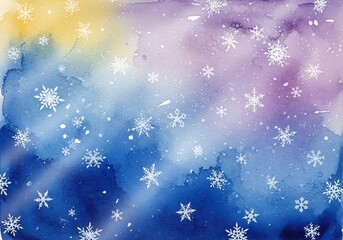 Fototapeta premium 幻想的な雪景色、水彩画風、寒色系グラデーション、冬の空
