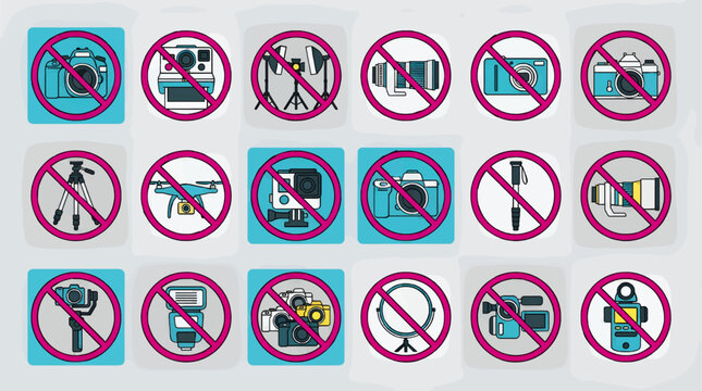 Flat Vector Icons Set of Forbidden Photography Equipment, Including Cameras, Drones, Tripods, and Lighting, Presented in a Grid Layout with No-Entry Signs