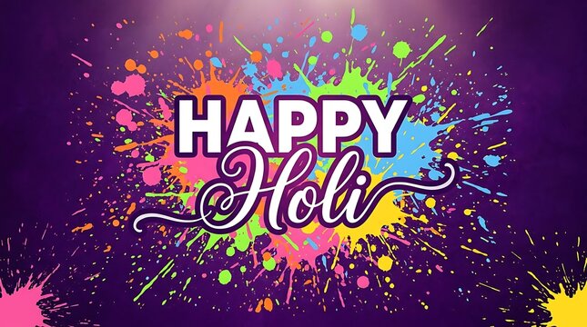 Vibrant holi celebration with colorful paint splatters on purple background