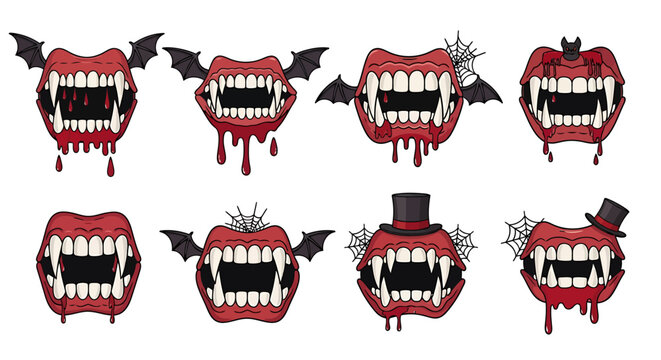 Illustration of vampire mouths with fangs and bats flying around them
