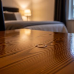 Obraz premium 寝室の木製テーブルに置かれた指輪