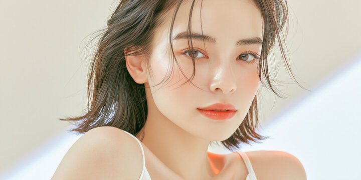 美容, 女性, スキンケア, 化粧品, ビューティー, 若い女性, 美肌, 日本人, アジア人, フェイシャル, メイク, 美容液, 保湿, クリーム, エイジングケア, 美容医療, エステ, 美容クリニック, 肌ケア, ナチュラルメイク, 透明感, ツヤ肌, モデル, 笑顔, ポートレート, クローズアップ, リラックス, 癒し, 健康的, 美白, コラーゲン, ヒアルロン酸, アンチエイジング