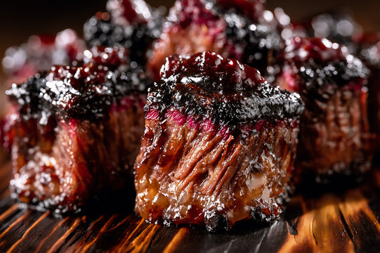 Macro photograph of smoked beef brisket burnt ends on a cutting board