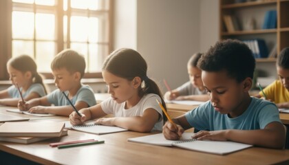 Fototapeta premium Children Focused on Writing in a Bright Classroom.