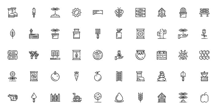 Gardening icon set. Minimal thin line gardening icons. Vector illustration. Featuring boots, shovel, sprout, sun, butterfly, birdhouse, plant, watering can, seeds, rose, tree, apple and more. Editable