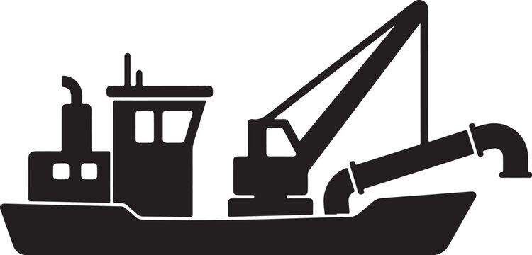 Black, industrial tugboat, crane ship, dredger, vector icon