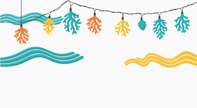 Vector illustration of decorative string lights featuring colorful coral and seashell shaped ornaments in teal, orange, and yellow hanging above abstract wave patterns on white background.