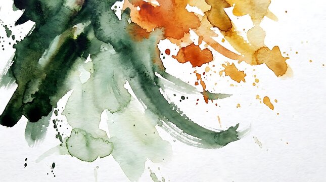 Watercolor painting with green and orange brushstrokes on white background