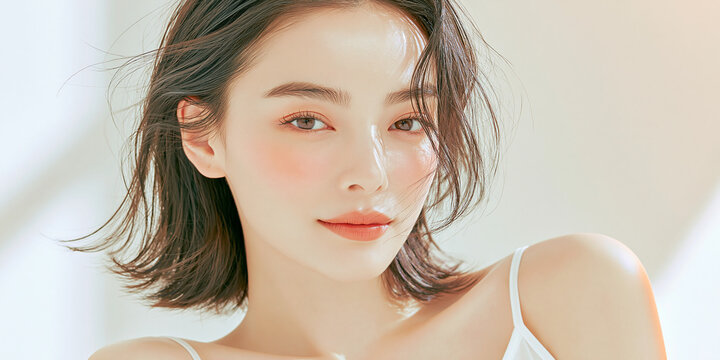 美容, 女性, スキンケア, 化粧品, ビューティー, 若い女性, 美肌, 日本人, アジア人, フェイシャル, メイク, 美容液, 保湿, クリーム, エイジングケア, 美容医療, エステ, 美容クリニック, 肌ケア, ナチュラルメイク, 透明感, ツヤ肌, モデル, 笑顔, ポートレート, クローズアップ, リラックス, 癒し, 健康的, 美白, コラーゲン, ヒアルロン酸, アンチエイジング