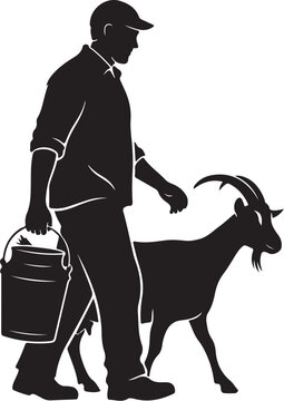 Man walking goat with bucket silhouette black white