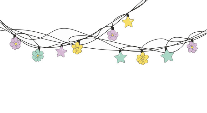 Vector illustration of tangled black wire string lights with pastel-colored flower and star shaped decorative bulbs hanging on a white background, featuring yellow, mint, and purple elements.