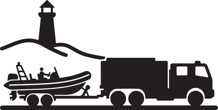 Black silhouette, boat on trailer, lighthouse, vector illustration, nautical scene, truck towing boat