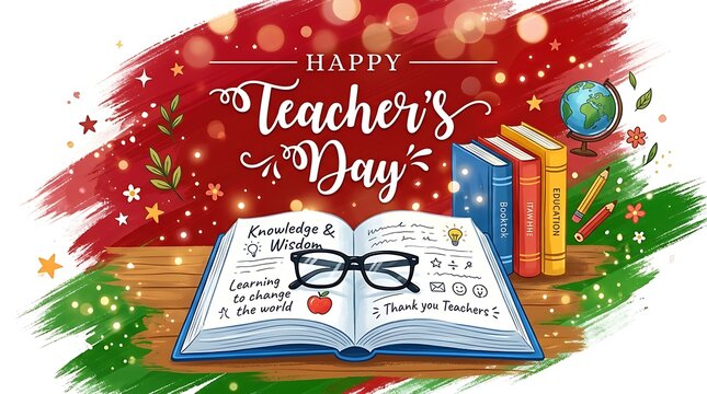 Happy teachers day illustration with books and globe on colorful background
