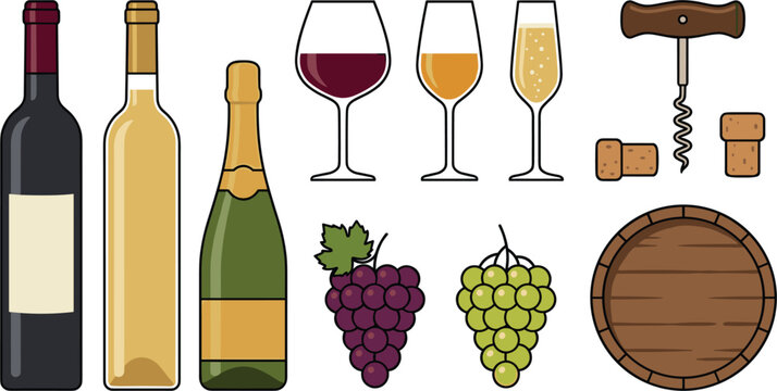 Wine and Champagne Vector Icon Set with Red and White Wine Bottles Glasses Grape Bunches Corkscrew Corks and Wooden Barrel